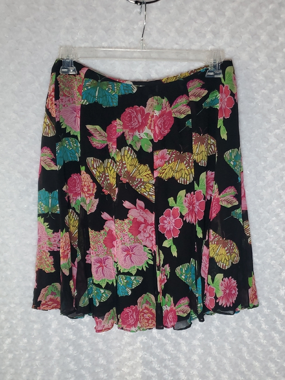 Karen Kane Silk Floral Butterfly Black A-Line Skirt - Pink & Green 10